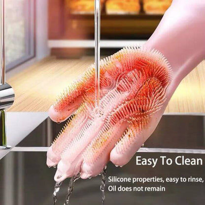 Magic Silicone Dishwashing Gloves, Kitchen Cleaning with Brush Sponge Wash Scrubber