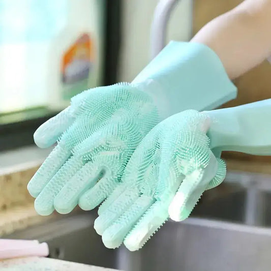 Magic Silicone Dishwashing Gloves, Kitchen Cleaning with Brush Sponge Wash Scrubber