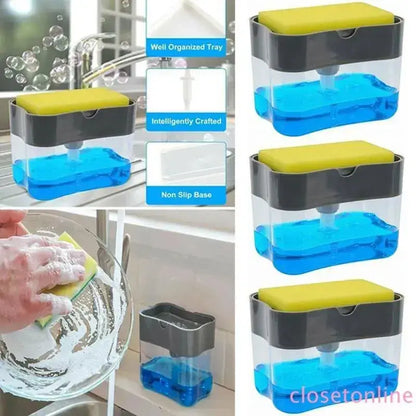 2 in1 Soap Pump Dispenser & Sponge Holder Dish Soap Storage Kitchen Scouring Pad