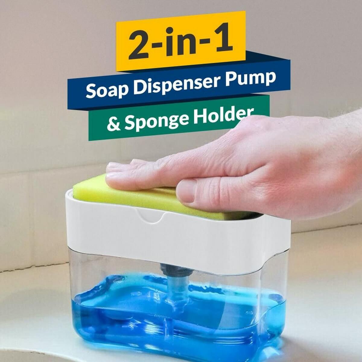 2 in1 Soap Pump Dispenser & Sponge Holder Dish Soap Storage Kitchen Scouring Pad