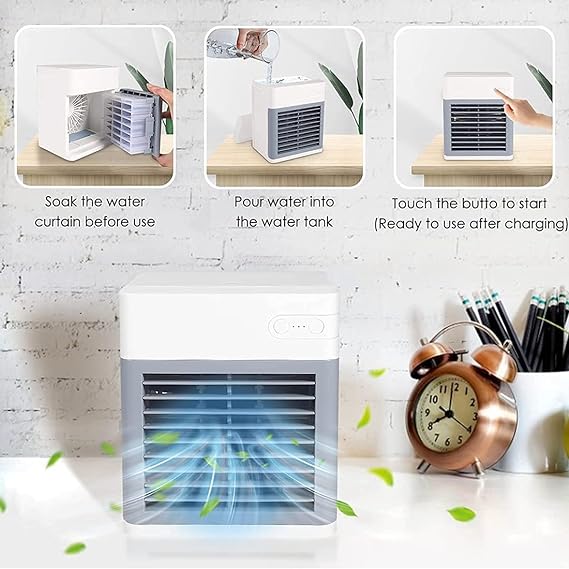 Mini Air Conditioner with 3 Speed Modes Desk Fan with 7 Colors LED Light