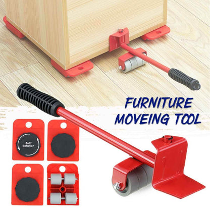 5PCS Furniture Mover Tool Set Transport Lifter Heavy Stuffs Moving 4 Wheeled Roller With 1 Wheel Bar Hand For Home Tool
