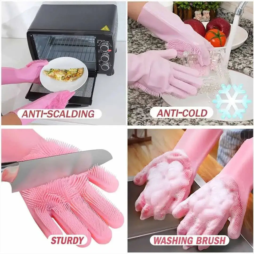 Magic Silicone Dishwashing Gloves, Kitchen Cleaning with Brush Sponge Wash Scrubber