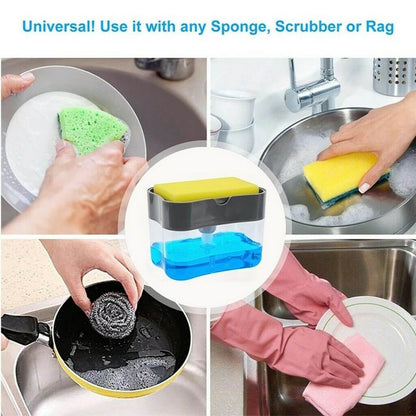 2 in1 Soap Pump Dispenser & Sponge Holder Dish Soap Storage Kitchen Scouring Pad