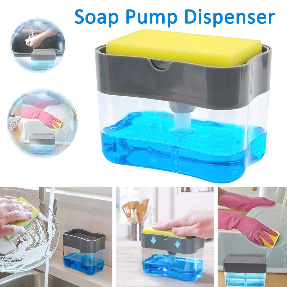 2 in1 Soap Pump Dispenser & Sponge Holder Dish Soap Storage Kitchen Scouring Pad